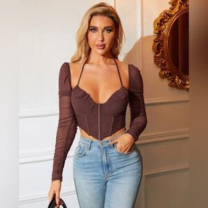 HTZMO Long Sleeve Corset Crop Top Tie Up Halter Bustier Zip Boned Sexy Blouses